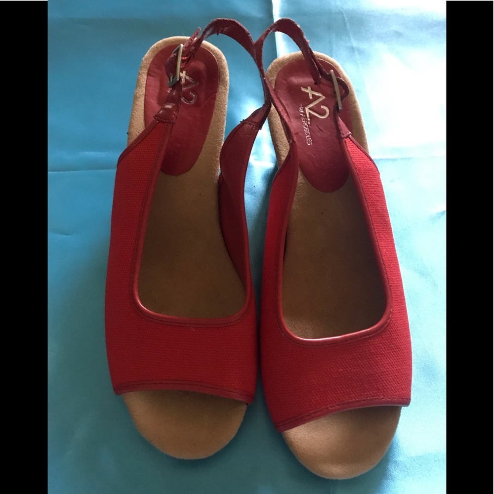 Aerosoles A2 red fabric wedge heels. 9M.